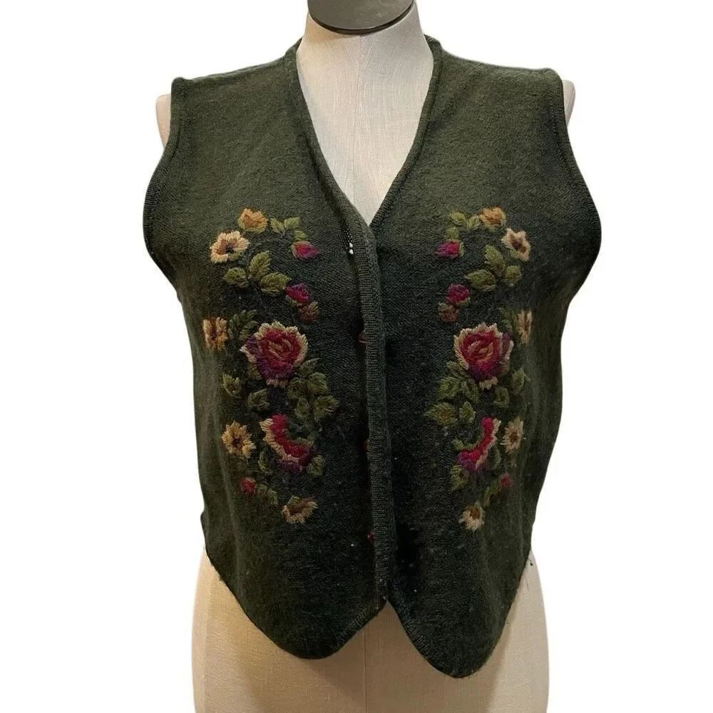 Vtg Jantzen Womens Hand Embroidered Wool LP Olive Green Vest Floral Button Front